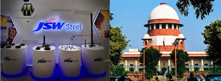 JSW Steel केस में कोर्ट के आदेश पर सवाल उठाते वकील और न्याय का प्रतीक तराजू, न्यायालय का दृश्य पृष्ठभूमि में