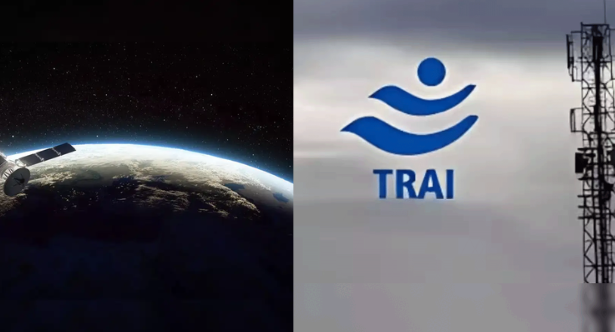 सैटेलाइट डिश और अंतरिक्ष में घूमते सैटेलाइट की तस्वीर, पृष्ठभूमि में भारतीय ध्वज और डिजिटल ग्राफ दर्शाते सरकारी राजस्व वृद्धि और TRAI की सिफारिश