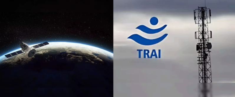 सैटेलाइट डिश और अंतरिक्ष में घूमते सैटेलाइट की तस्वीर, पृष्ठभूमि में भारतीय ध्वज और डिजिटल ग्राफ दर्शाते सरकारी राजस्व वृद्धि और TRAI की सिफारिश