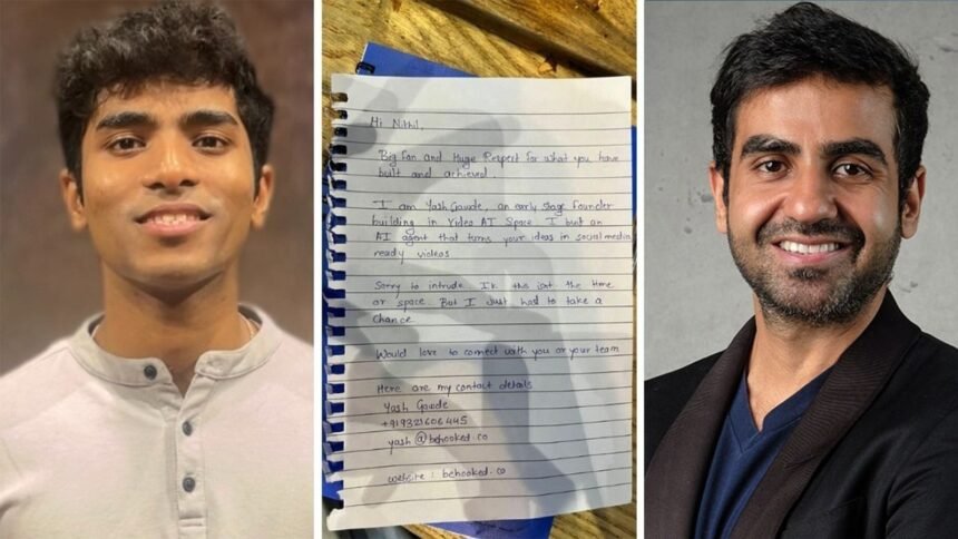 मुंबई के बांद्रा स्थित सुबको कैफ़े में स्टार्टअप संस्थापक यश गावड़े ने ज़ेरोधा के सह-संस्थापक निखिल कामथ को अपना स्टार्टअप आइडिया बताते हुए एक हस्तलिखित नोट दिया।