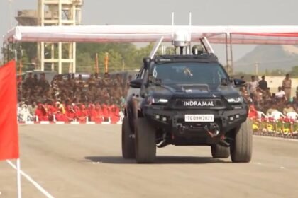 India’s first AI-powered Indrajaal Anti-Drone Patrol Vehicle detecting and neutralizing hostile drones using advanced SkyOS technology.