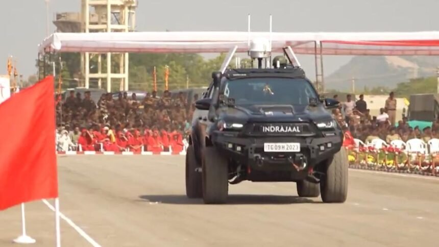 India’s first AI-powered Indrajaal Anti-Drone Patrol Vehicle detecting and neutralizing hostile drones using advanced SkyOS technology.
