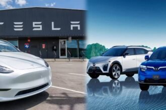 Tesla electric car with charging station and advanced EV technology