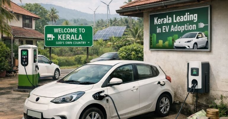 केरल में इलेक्ट्रिक वाहन अपनाते मध्यमवर्गीय परिवार, घर पर EV चार्जिंग स्टेशन और सड़क पर इलेक्ट्रिक कार व स्कूटर