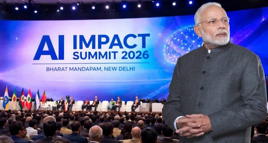 प्रधानमंत्री नरेंद्र मोदी AI Impact Summit 2026 में आर्टिफिशियल इंटेलिजेंस के समावेशी उपयोग पर बोलते हुए