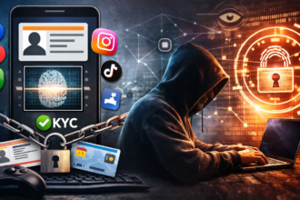 सोशल मीडिया और गेमिंग ऐप्स पर KYC वेरिफिकेशन और डेटा प्राइवेसी से जुड़ा डिजिटल कॉन्सेप्ट