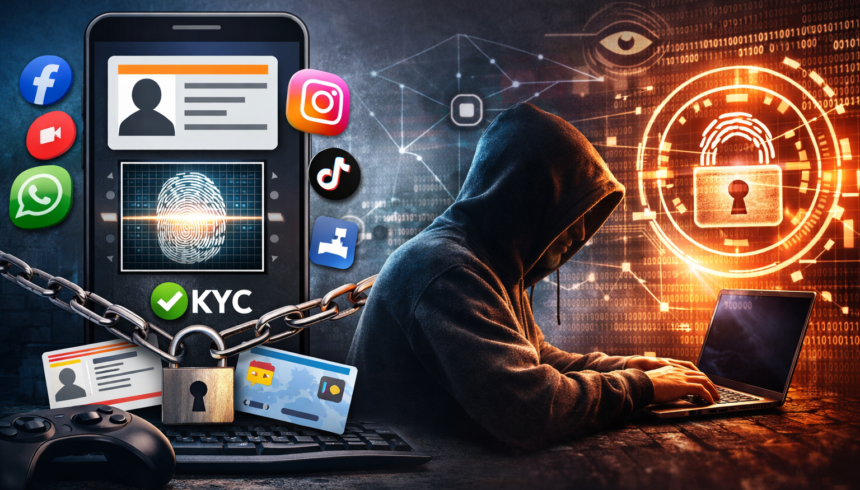 सोशल मीडिया और गेमिंग ऐप्स पर KYC वेरिफिकेशन और डेटा प्राइवेसी से जुड़ा डिजिटल कॉन्सेप्ट