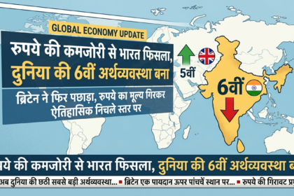 यह तस्वीर एक वैश्विक आर्थिक अपडेट का प्रतिनिधित्व करती है, जिसमें एक विश्व मानचित्र पर भारत और ब्रिटेन की अर्थव्यवस्थाओं की तुलना की गई है। मानचित्र में दिखाया गया है कि ब्रिटेन पांचवीं सबसे बड़ी अर्थव्यवस्था है और भारत छठी सबसे बड़ी अर्थव्यवस्था है। एक तीर भारत की स्थिति में गिरावट का संकेत देता है, जो रुपये की कमजोरी को दर्शाता है। शीर्ष पर हिंदी में पाठ है, जिसका अर्थ है, 'कमजोर रुपया भारत को पीछे धकेलता है, जिससे यह छठी सबसे बड़ी अर्थव्यवस्था बन जाता है'। नीचे दिया गया पाठ, जिसका अर्थ है, 'ब्रिटेन ने फिर से पीछे छोड़ दिया, रुपये का मूल्य ऐतिहासिक निम्न स्तर पर गिर गया', स्थिति का विवरण देता है। तस्वीर के नीचे दिया गया पाठ अतिरिक्त संदर्भ प्रदान करता है, जिसमें कहा गया है कि 'भारत अब दुनिया की छठी सबसे बड़ी अर्थव्यवस्था है' और 'रुपये का मूल्य ऐतिहासिक निम्न स्तर पर गिर गया'।