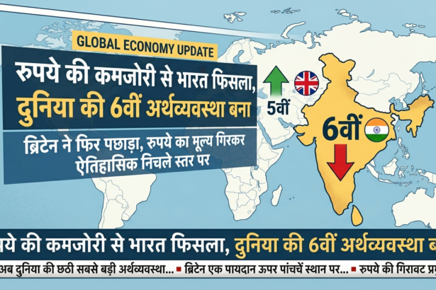 यह तस्वीर एक वैश्विक आर्थिक अपडेट का प्रतिनिधित्व करती है, जिसमें एक विश्व मानचित्र पर भारत और ब्रिटेन की अर्थव्यवस्थाओं की तुलना की गई है। मानचित्र में दिखाया गया है कि ब्रिटेन पांचवीं सबसे बड़ी अर्थव्यवस्था है और भारत छठी सबसे बड़ी अर्थव्यवस्था है। एक तीर भारत की स्थिति में गिरावट का संकेत देता है, जो रुपये की कमजोरी को दर्शाता है। शीर्ष पर हिंदी में पाठ है, जिसका अर्थ है, 'कमजोर रुपया भारत को पीछे धकेलता है, जिससे यह छठी सबसे बड़ी अर्थव्यवस्था बन जाता है'। नीचे दिया गया पाठ, जिसका अर्थ है, 'ब्रिटेन ने फिर से पीछे छोड़ दिया, रुपये का मूल्य ऐतिहासिक निम्न स्तर पर गिर गया', स्थिति का विवरण देता है। तस्वीर के नीचे दिया गया पाठ अतिरिक्त संदर्भ प्रदान करता है, जिसमें कहा गया है कि 'भारत अब दुनिया की छठी सबसे बड़ी अर्थव्यवस्था है' और 'रुपये का मूल्य ऐतिहासिक निम्न स्तर पर गिर गया'।