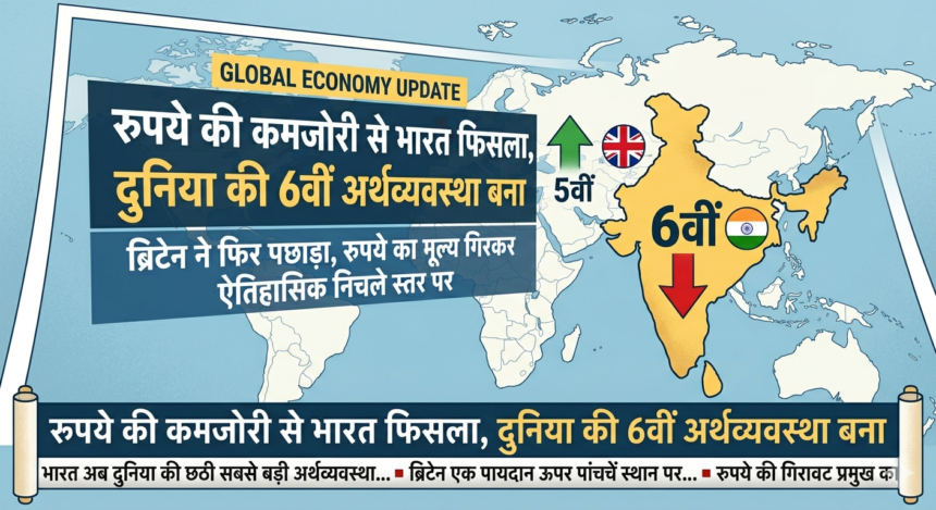 यह तस्वीर एक वैश्विक आर्थिक अपडेट का प्रतिनिधित्व करती है, जिसमें एक विश्व मानचित्र पर भारत और ब्रिटेन की अर्थव्यवस्थाओं की तुलना की गई है। मानचित्र में दिखाया गया है कि ब्रिटेन पांचवीं सबसे बड़ी अर्थव्यवस्था है और भारत छठी सबसे बड़ी अर्थव्यवस्था है। एक तीर भारत की स्थिति में गिरावट का संकेत देता है, जो रुपये की कमजोरी को दर्शाता है। शीर्ष पर हिंदी में पाठ है, जिसका अर्थ है, 'कमजोर रुपया भारत को पीछे धकेलता है, जिससे यह छठी सबसे बड़ी अर्थव्यवस्था बन जाता है'। नीचे दिया गया पाठ, जिसका अर्थ है, 'ब्रिटेन ने फिर से पीछे छोड़ दिया, रुपये का मूल्य ऐतिहासिक निम्न स्तर पर गिर गया', स्थिति का विवरण देता है। तस्वीर के नीचे दिया गया पाठ अतिरिक्त संदर्भ प्रदान करता है, जिसमें कहा गया है कि 'भारत अब दुनिया की छठी सबसे बड़ी अर्थव्यवस्था है' और 'रुपये का मूल्य ऐतिहासिक निम्न स्तर पर गिर गया'।