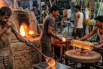 फिरोजाबाद में पारंपरिक कांच उत्पादन प्रक्रिया