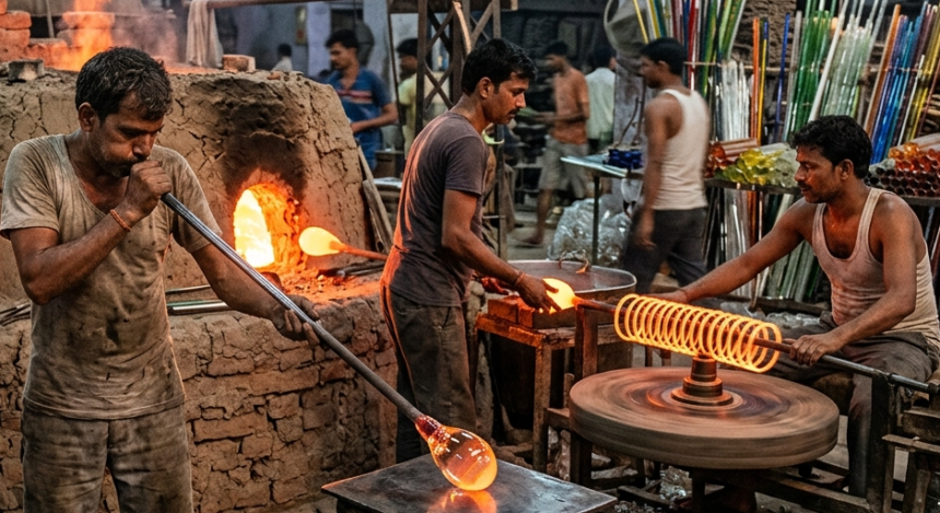 फिरोजाबाद में पारंपरिक कांच उत्पादन प्रक्रिया
