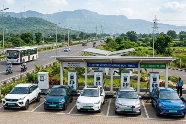 एक एक्सप्रेसवे के पास स्थित टाटा पावर ईजेड चार्जिंग स्टेशन (Tata Power EZ Charge station) का विस्तृत लैंडस्केप दृश्य, जहां पांच इलेक्ट्रिक कारें चार्ज हो रही हैं।