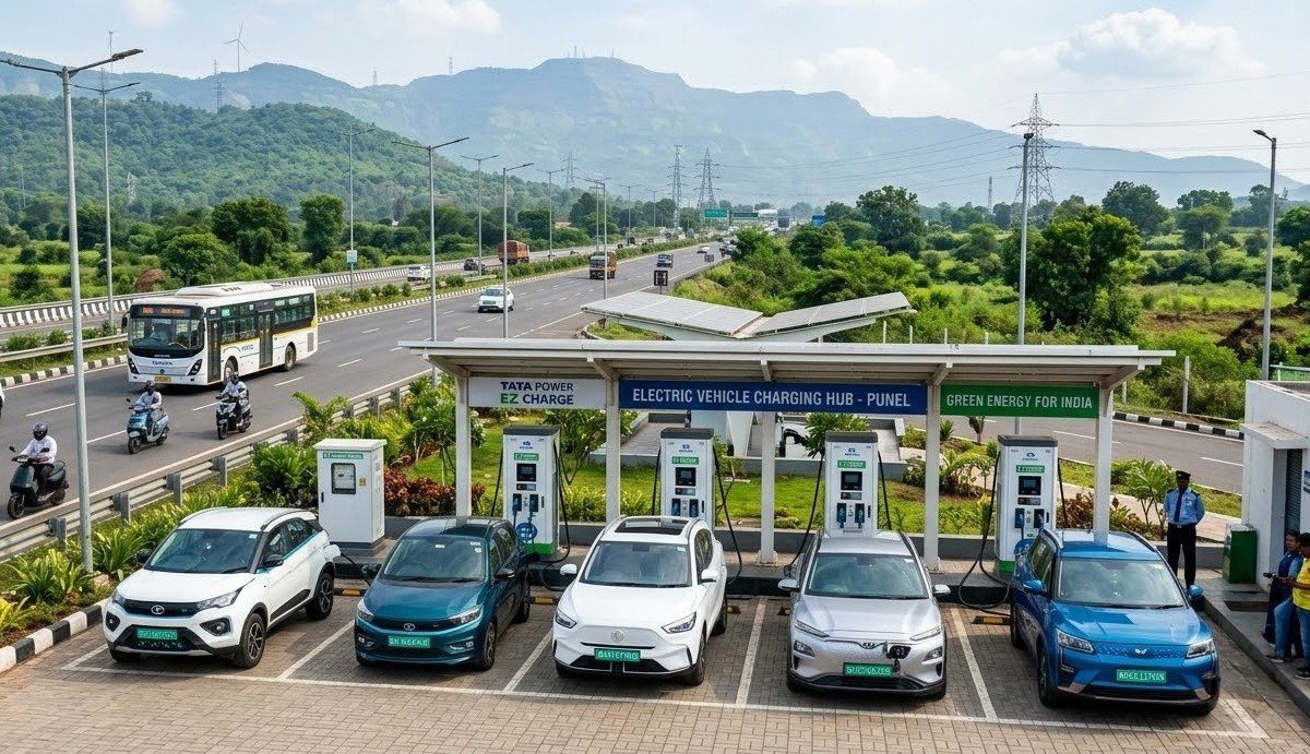 एक एक्सप्रेसवे के पास स्थित टाटा पावर ईजेड चार्जिंग स्टेशन (Tata Power EZ Charge station) का विस्तृत लैंडस्केप दृश्य, जहां पांच इलेक्ट्रिक कारें चार्ज हो रही हैं।