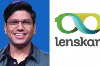 लेंसकार्ट के संस्थापक और CEO Peyush Bansal का प्रोफेशनल पोर्ट्रेट, भारतीय उद्यमी और बिज़नेस लीडर। लेंसकार्ट का आधिकारिक लोगो, भारत की प्रमुख आईवियर कंपनी का ब्रांड सिंबल।