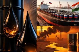 Indian oil refinery with crude oil tankers representing expensive US crude oil and discounted Venezuelan oil imports in India.